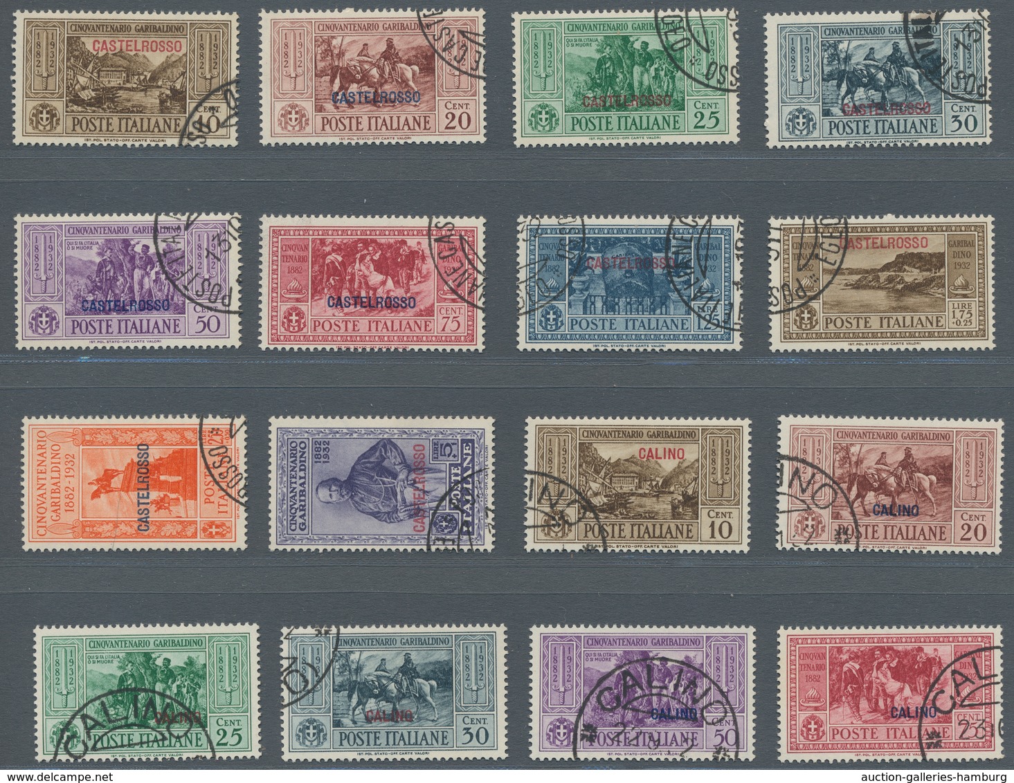 Ägäische Inseln: 1932, "Garibaldi with all island overprints", used sets in very fine condition. In