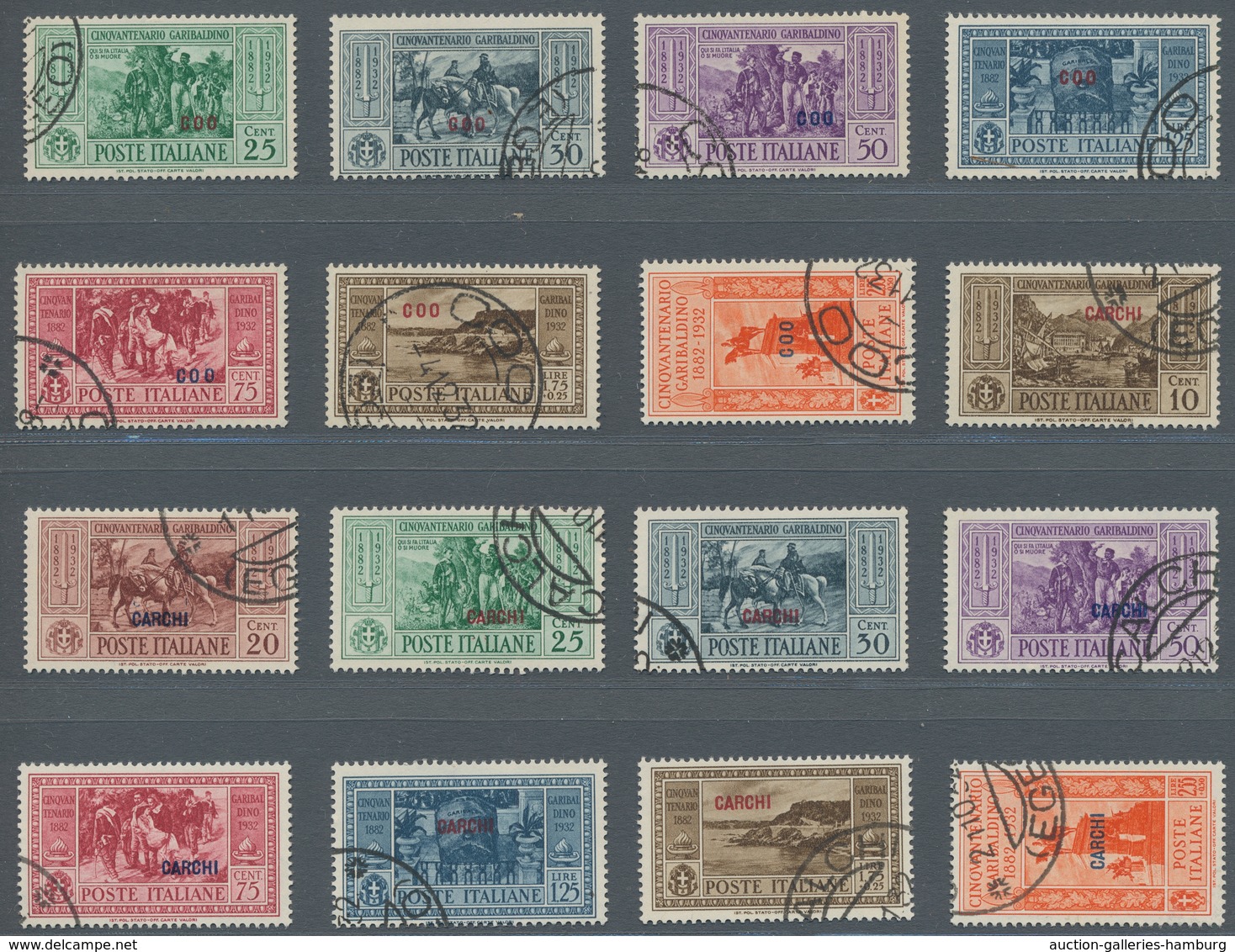 Ägäische Inseln: 1932, "Garibaldi with all island overprints", used sets in very fine condition. In