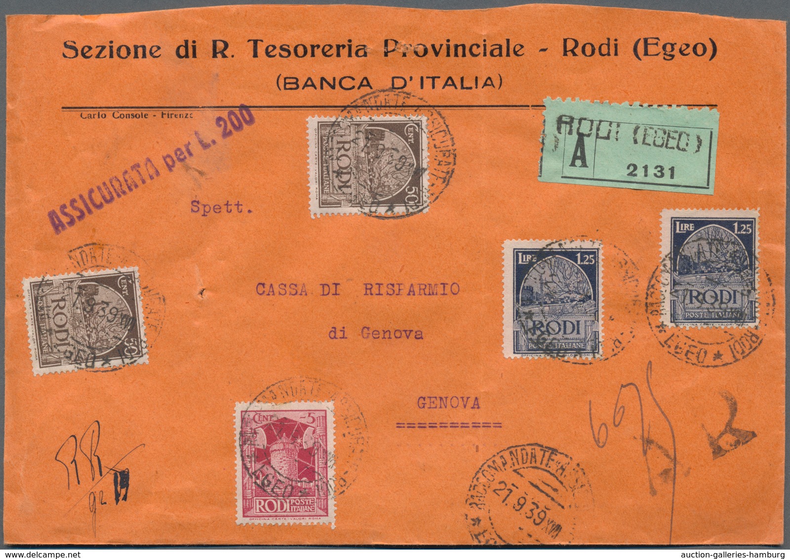Ägäische Inseln: 1939. Insured Letter From Rhodos To Genua, Franked With 2x 1,25 L, 2x 50 C And 1x 5 - Egée