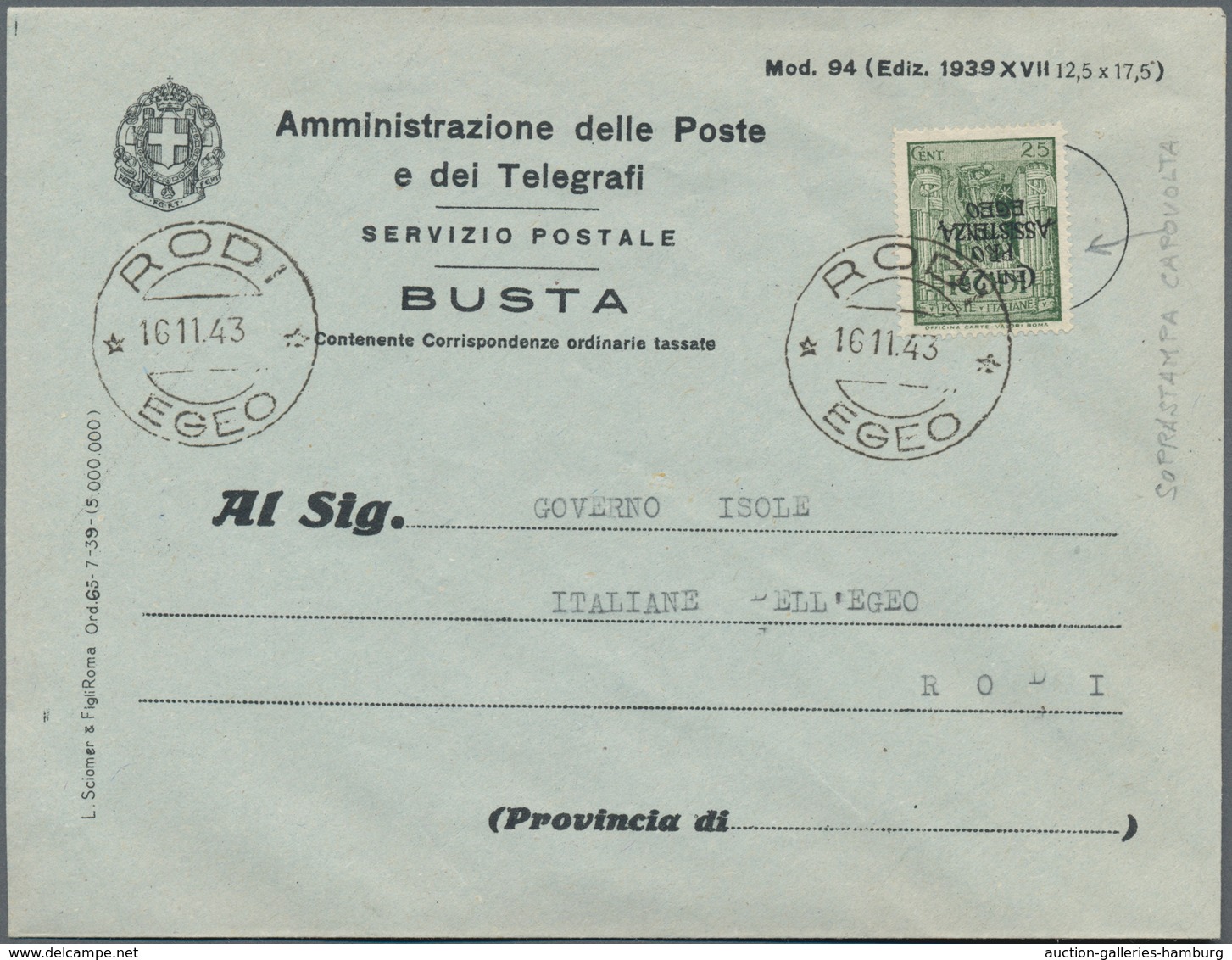 Ägäische Inseln: 1943. German Occupation Of Rhodos. 25 C+ 25 C Green, With INVERTED OVERPRINT On Ita - Aegean