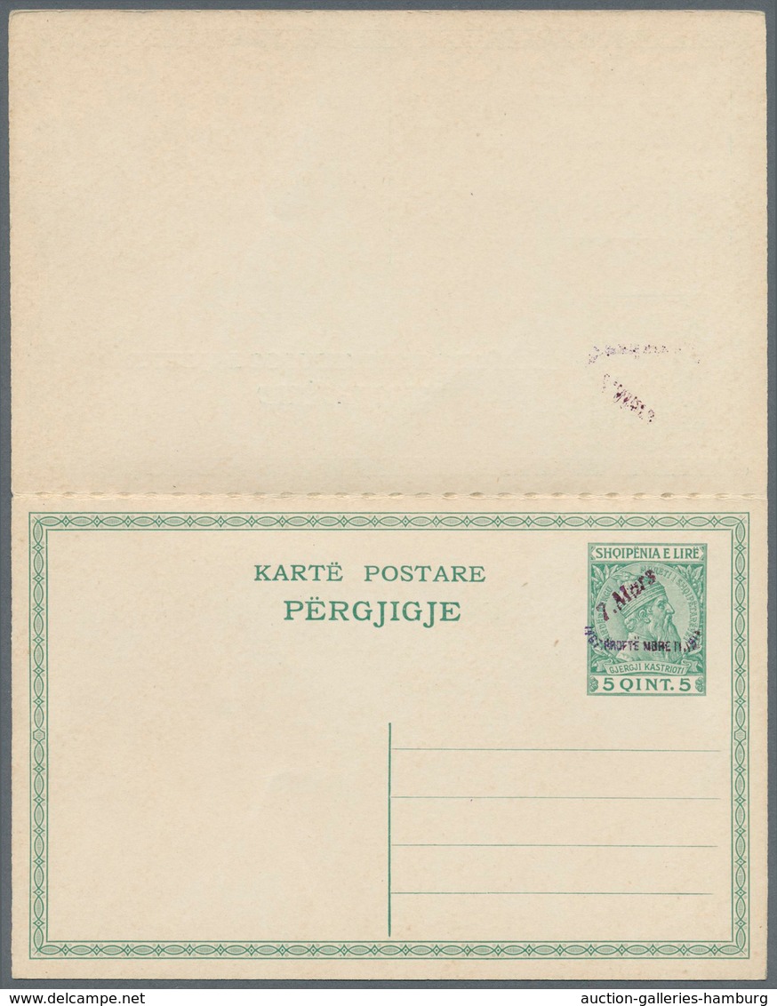 Albanien - Ganzsachen: 1914, "7.Mars" Handstamp On Complete Double Cards 5q. + 5q. Green And On 10q. - Albanien