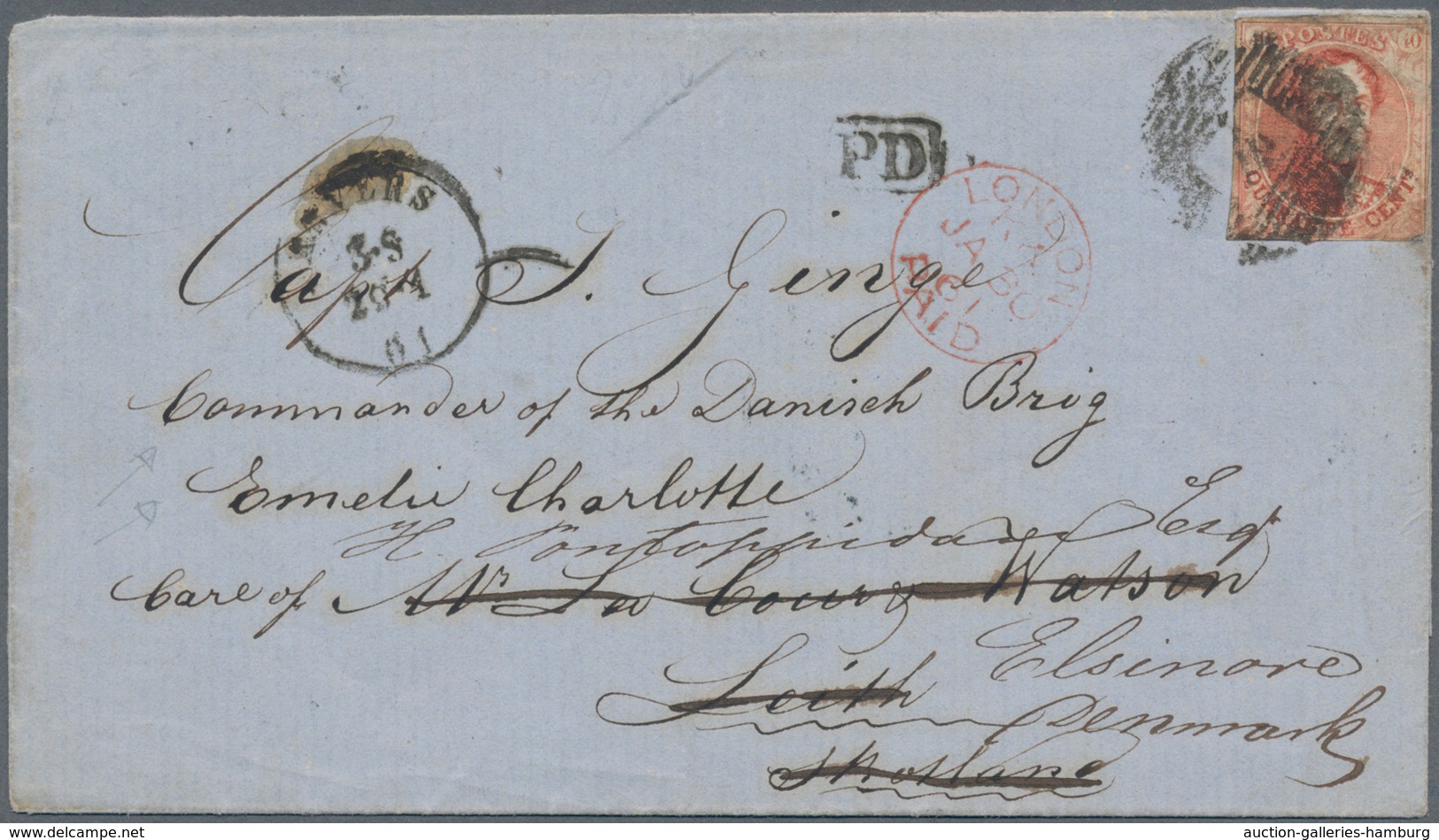 Belgien: 1861, 40 C Red On Letter From Anvers Adressed "Commander Of The Danish Brig... In Leith/Sco - Briefe U. Dokumente