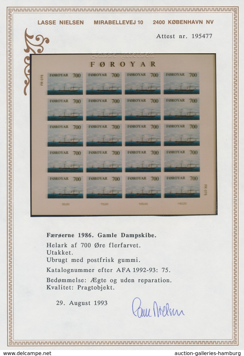 Dänemark - Färöer: 1983, "steamships imperforated" each as mint miniature sheet of 20 values in perf