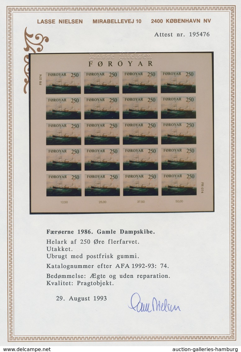 Dänemark - Färöer: 1983, "steamships imperforated" each as mint miniature sheet of 20 values in perf