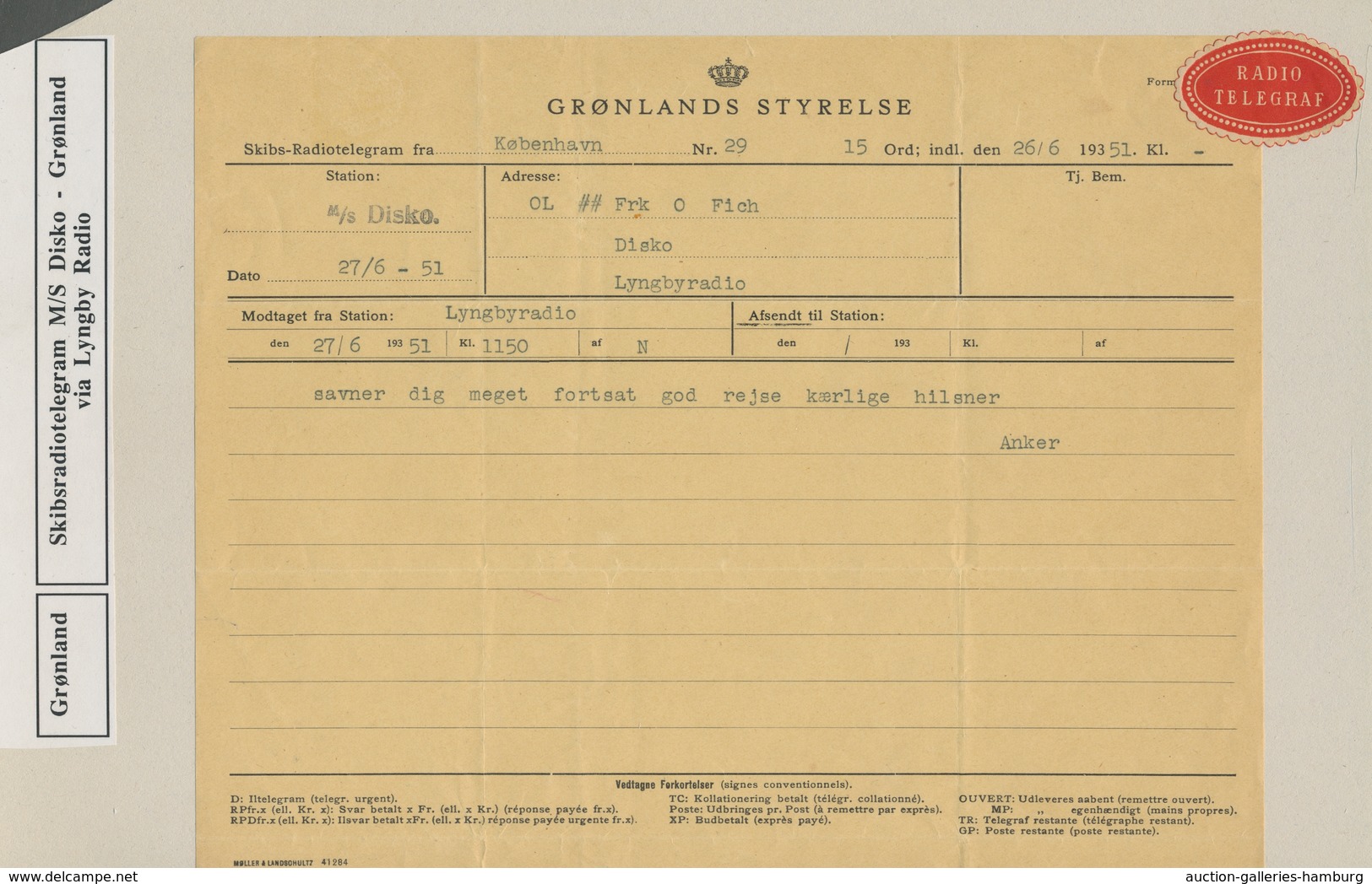 Dänemark - Grönland: 1951, Rare Skibs Radio Telegram Of The Station M / S Misko, Lyngbyradio From Co - Cartas & Documentos