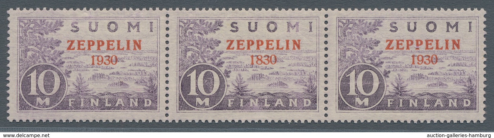 Finnland: 10 M Zeppelin Mit Fehlaufdruck "1830" Innerhalb Eines Waagerechten Dreierstreifens Der Fel - Usados