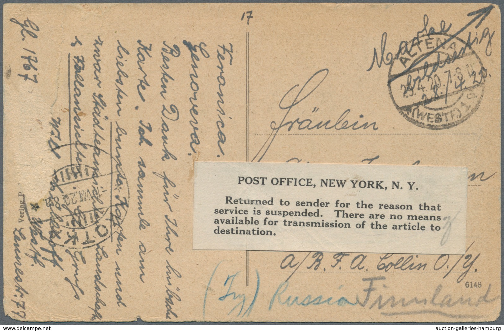 Finnland - Besonderheiten: 1920, Incoming Mail From Germany Via USA: Ppc From "ALTENA 29.4.20" To Ko - Autres & Non Classés