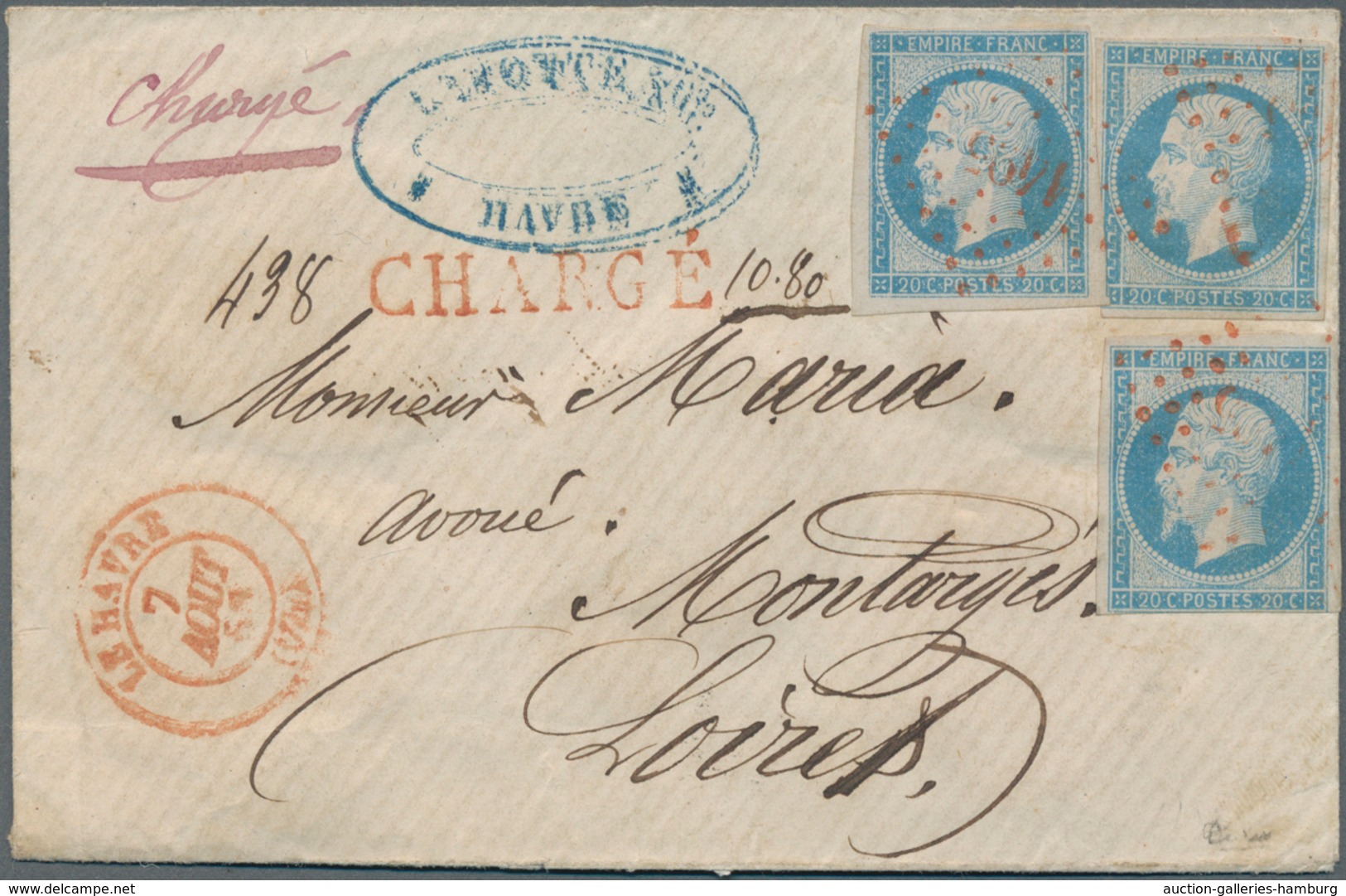 Frankreich: 1853, 20 C. Napoléon Blue, 3 Values Multiple Franking On Small-format Chargé Letter "LE - Andere & Zonder Classificatie