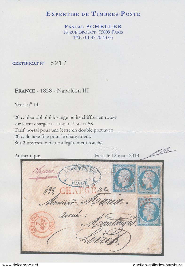 Frankreich: 1853, 20 C. Napoléon Blue, 3 Values Multiple Franking On Small-format Chargé Letter "LE - Sonstige & Ohne Zuordnung