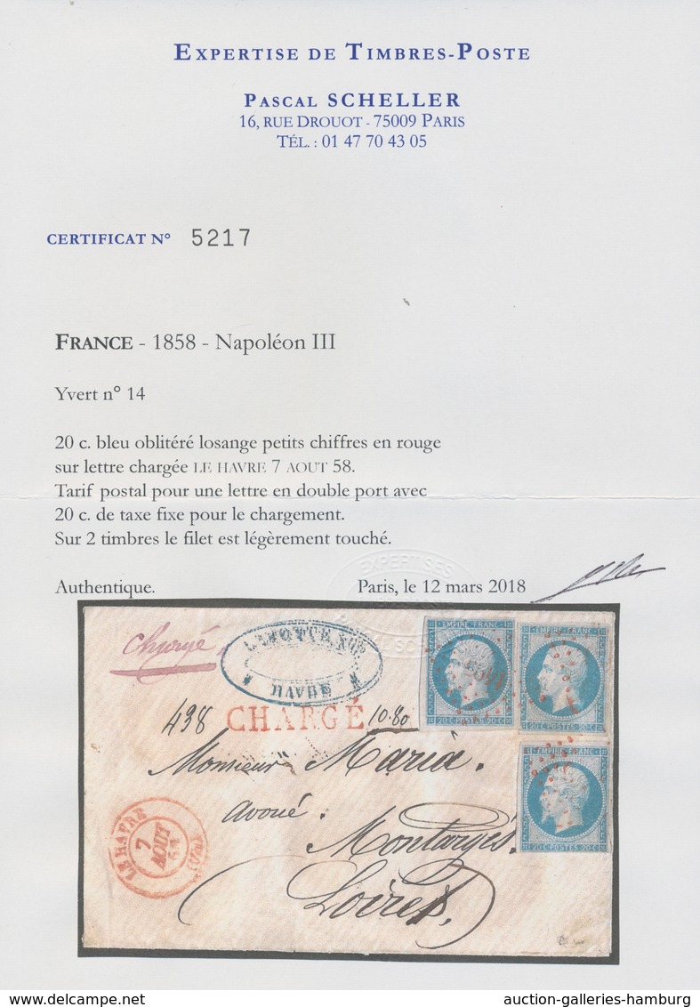 Frankreich: 1853, 20 C. Napoléon Blue, 3 Values Multiple Franking On Small-format Chargé Letter "LE - Andere & Zonder Classificatie