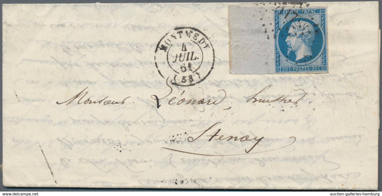 Frankreich: 1861, 20 C Blue On Lilac "Napoleon" From Left Sheet Margin (16 Mm), Tied By Numeral Canc - Other & Unclassified