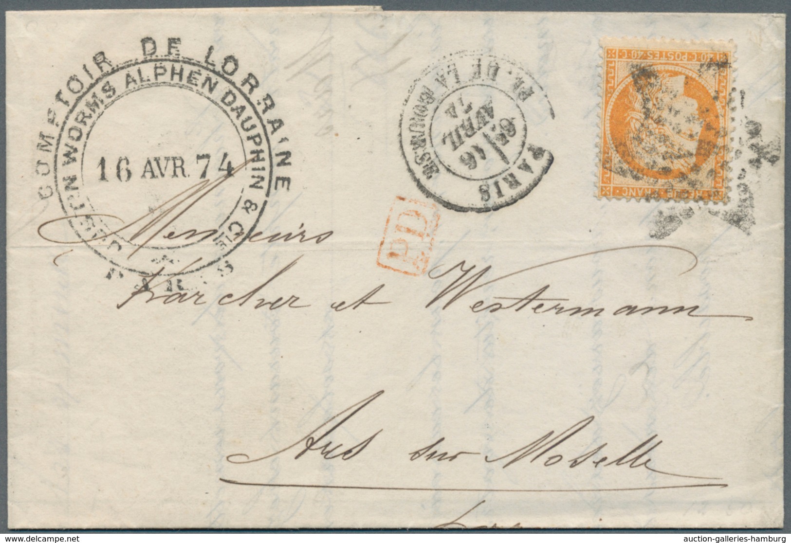 Frankreich: 1870, 40 C Orange With Retouched "4" Cancelled With Star-stamp On Complete Folded Letter - Autres & Non Classés