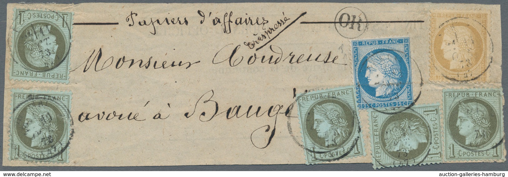 Frankreich: 1871, 5 X 1 C Olive-green On Greenish Blue, 15 C Yellow-brown And 25 C Blue "Ceres", Mix - Sonstige & Ohne Zuordnung