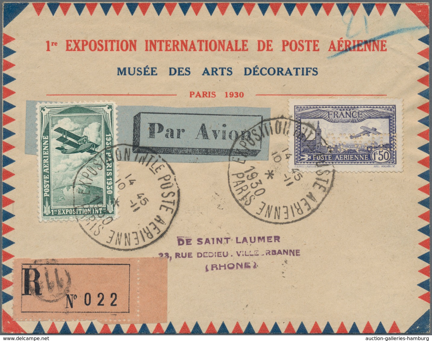 Frankreich: 1930, 1,50 F Ultramarine With Rare Inverted Perfin "E.I.P.A.30" Together With Green Airm - Andere & Zonder Classificatie