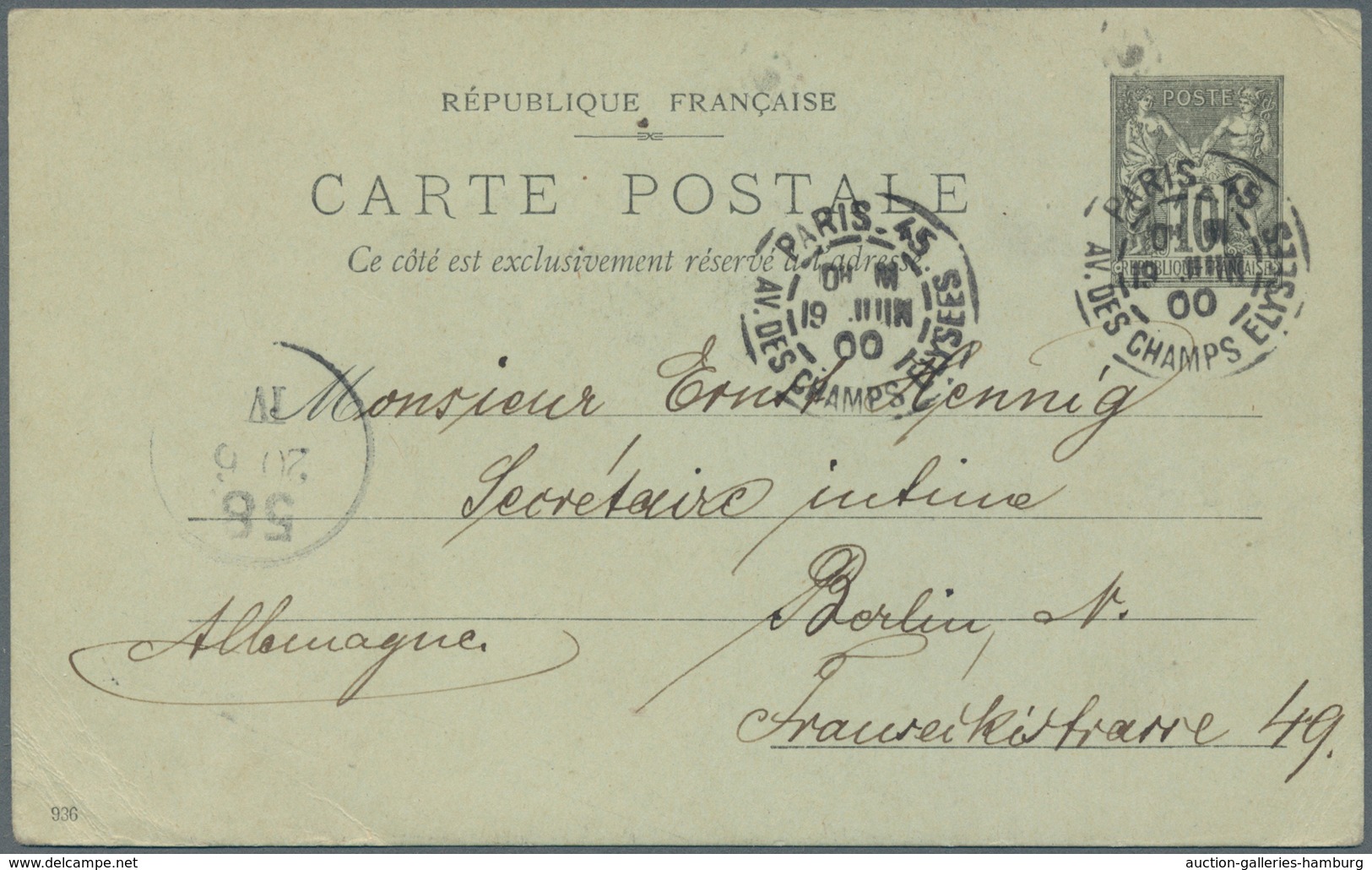 Frankreich - Ganzsachen: 1900, 10 C Black Postal Stationery Souvenir Postcard From Paris To Berlin/G - Otros & Sin Clasificación