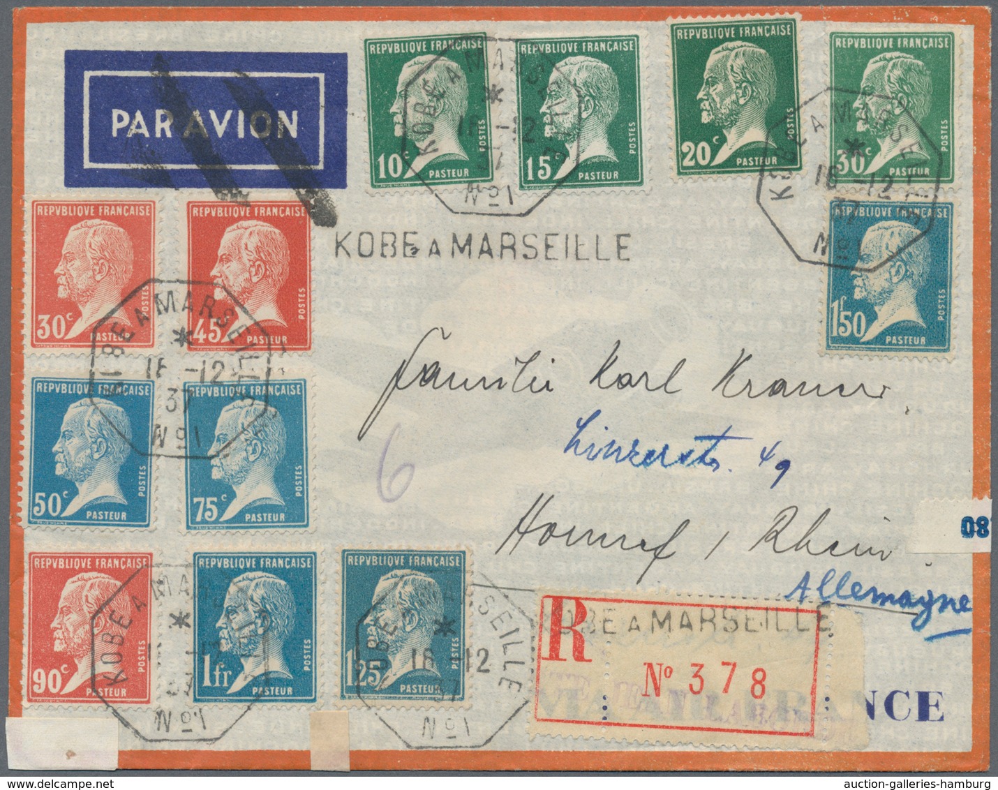 Frankreich - Schiffspost: 1937, KOBE A MARSEILLE N°1, 16.12.37, Octogonal Maritime Dater, Five Clear - Sonstige & Ohne Zuordnung