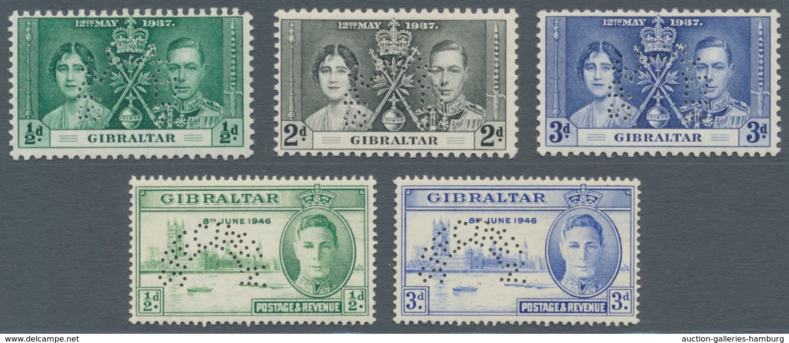 Gibraltar: 1937/1946, Coronation And Victory Issues Perforated 'SPECIMEN' Complete Sets Of Three (mi - Gibraltar