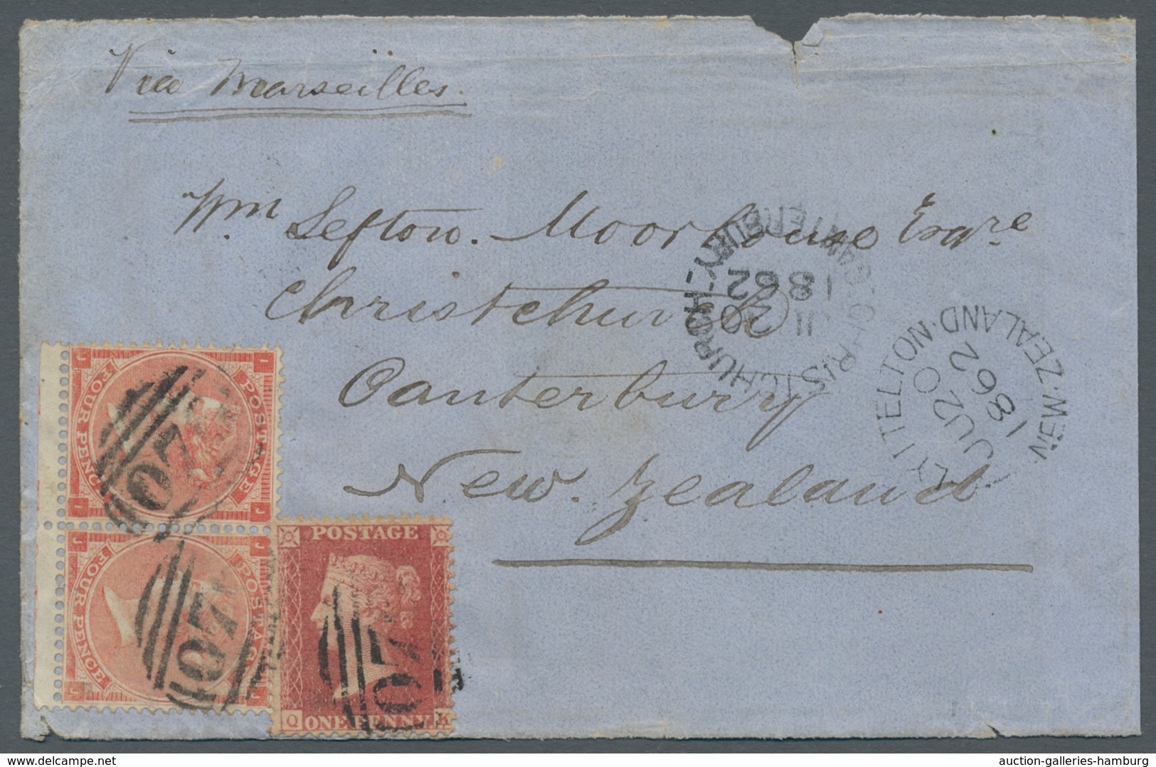 Großbritannien: 1862, Pair Of Queen Victoria 4 Pence From The Lower Margin Together With A Perforate - Briefe U. Dokumente