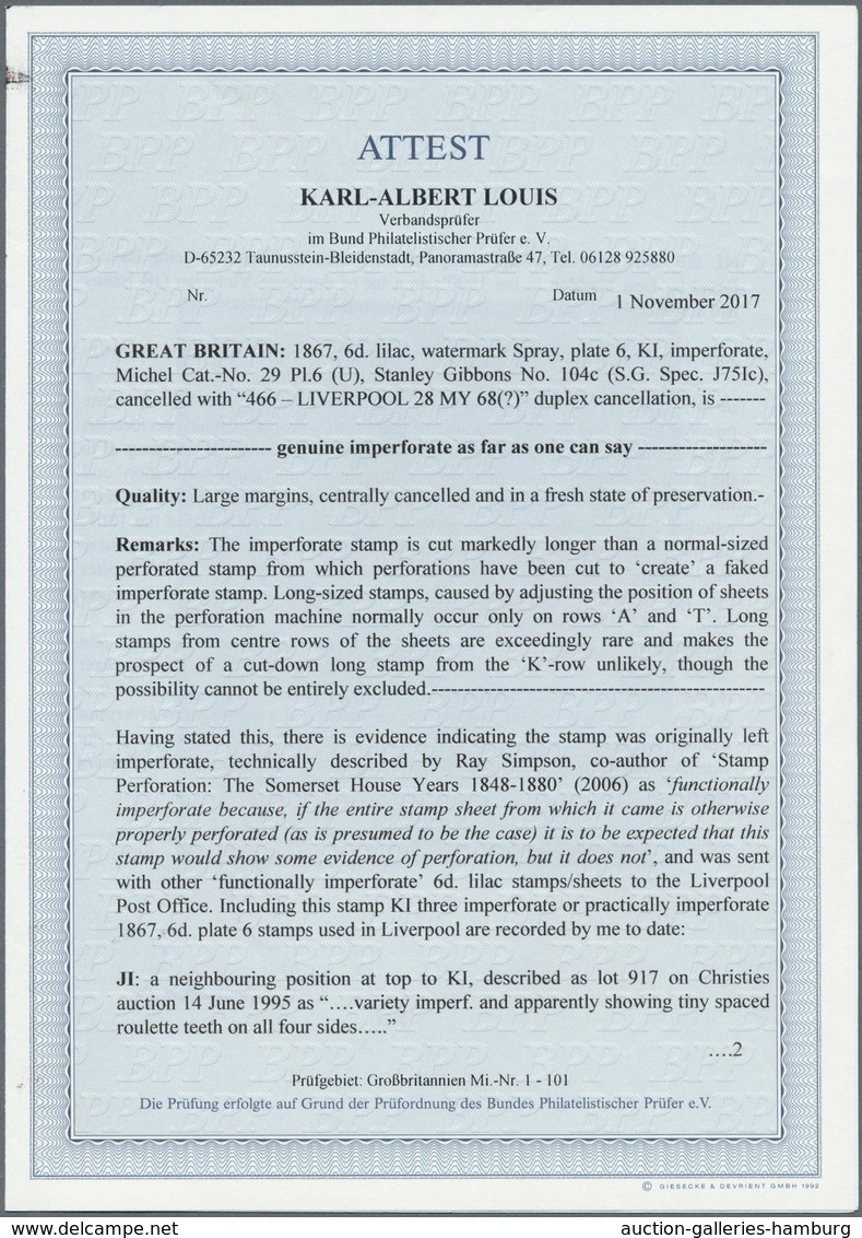 Großbritannien: 1867: 6 D Lilac, Watermark Spray, Plate 6, Lettered "KI", IMPERFORATED, Large Margin - Briefe U. Dokumente