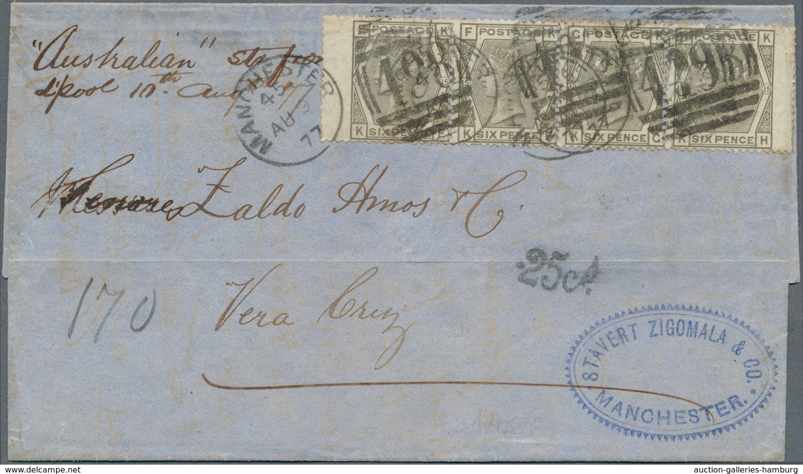 Großbritannien: 1873, A Stripe Of FOUR Of QV 6 D Deep-grey Plate 15 On Folded Entire Letter From "MA - Brieven En Documenten