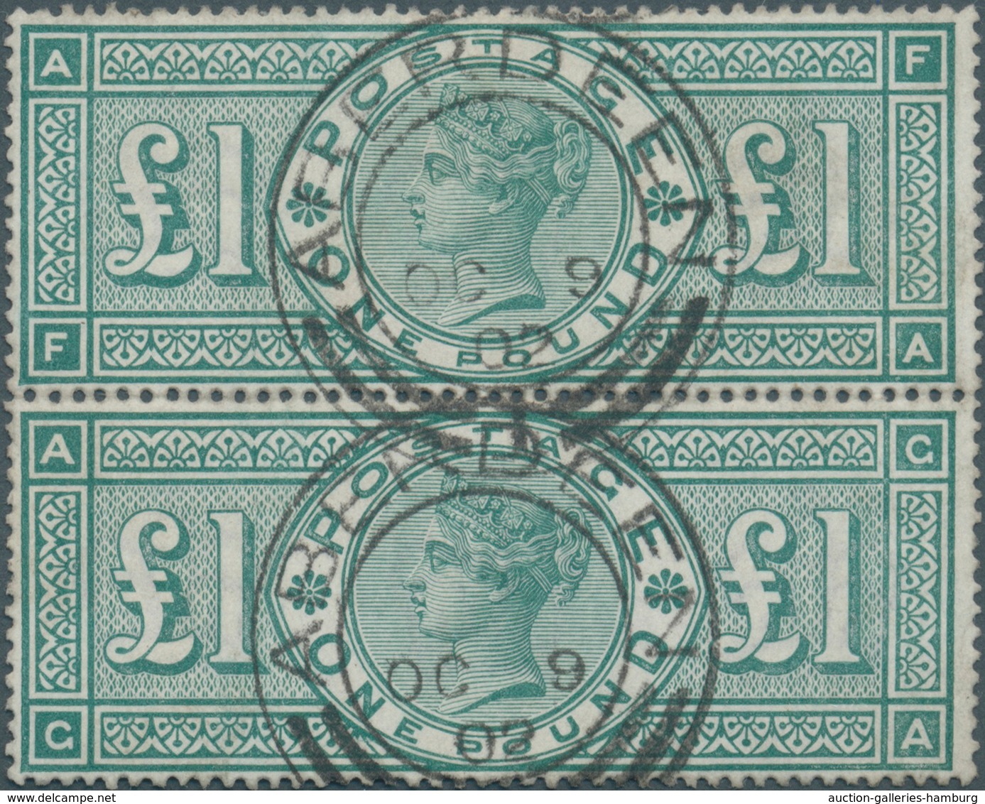Großbritannien: 1891, Queen Victoria £ 1 Green, Vertical Pair FA-GA, Very Fresh Colors And Perfect P - Cartas & Documentos