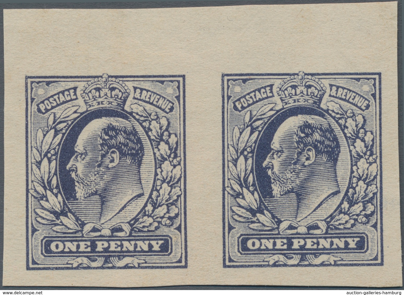 Großbritannien: 1902, King Edward VII, 1d Blue On Cream Paper Pair ECKERLIN DIE PROOF (LARGER DESIGN - Cartas & Documentos