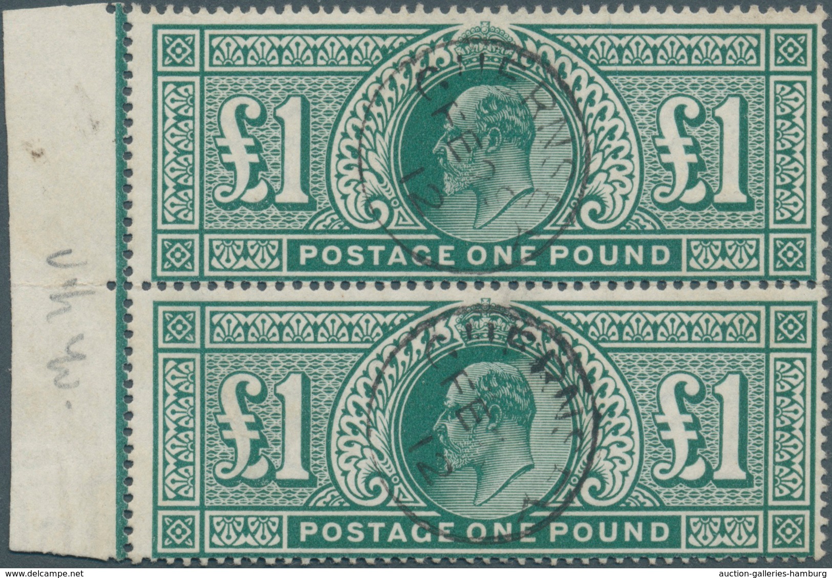 Großbritannien: 1911, £ 1 Green, Somerset Printing, Vertical Pair With Left Sheet Margin (position 5 - Covers & Documents