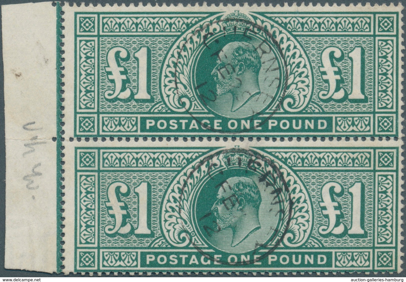 Großbritannien: 1911, £ 1 Green, Somerset Printing, Vertical Pair With Left Sheet Margin (position 5 - Lettres & Documents