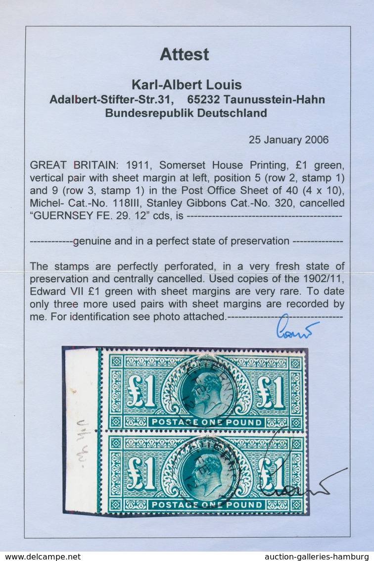 Großbritannien: 1911, £ 1 Green, Somerset Printing, Vertical Pair With Left Sheet Margin (position 5 - Briefe U. Dokumente