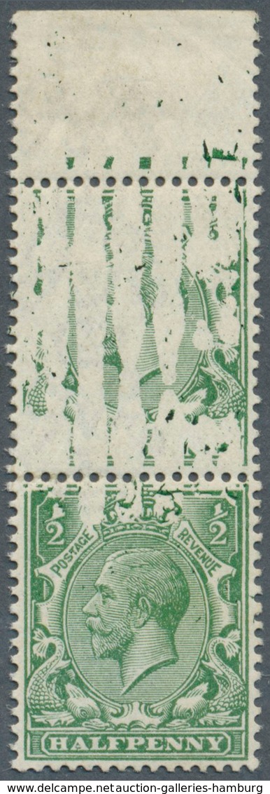 Großbritannien: 1913, ½d. Green, Top Marginal Vertical Pair, Showing Variety "top Stamp With Large P - Cartas & Documentos