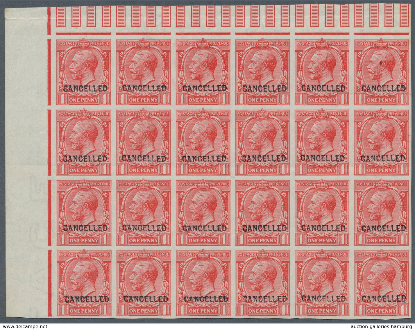 Großbritannien: 1912, 1d. Scarlet, Imperforate Marginal Block Of 24 From The Upper Left Corner Of Th - Cartas & Documentos