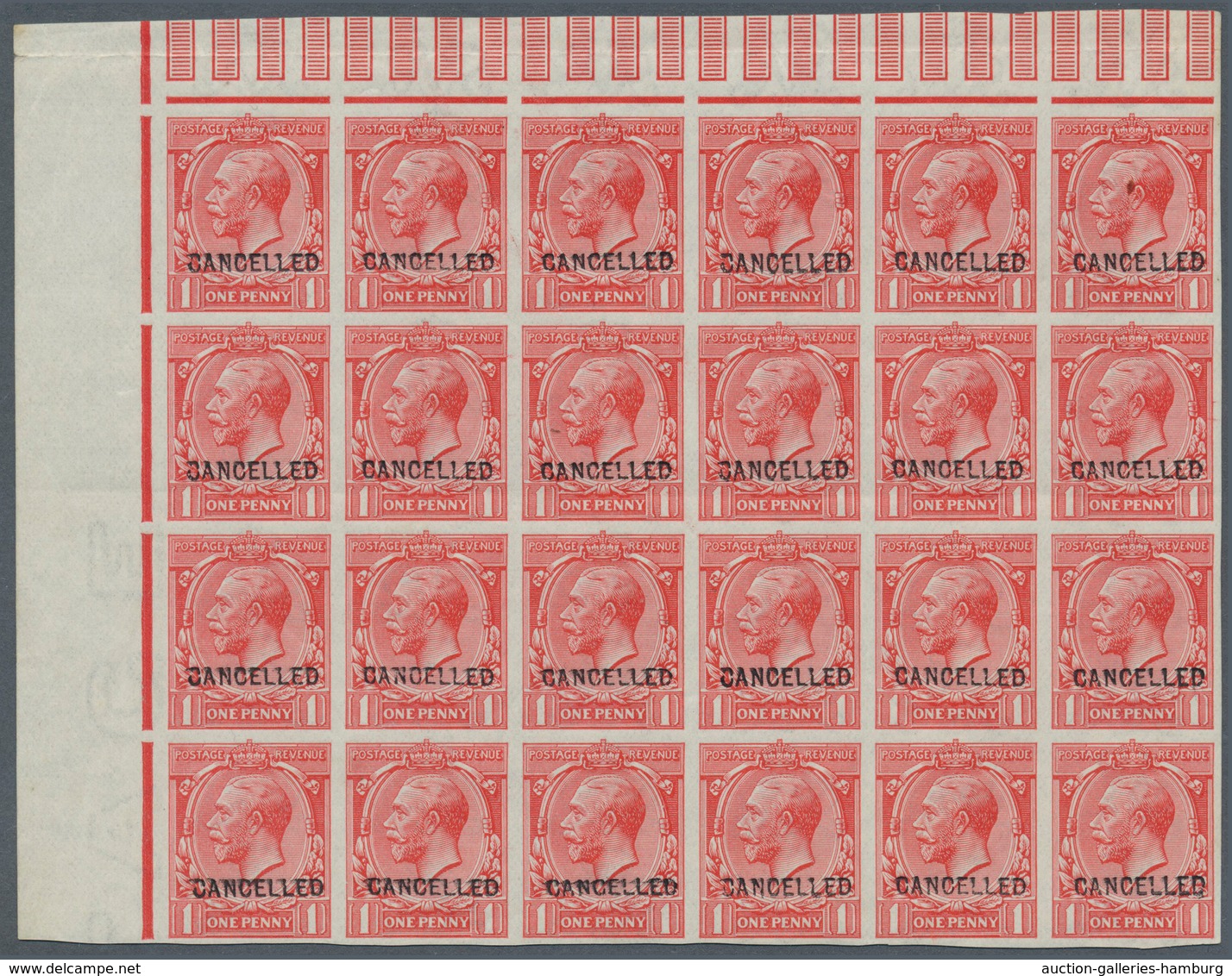 Großbritannien: 1912, 1d. Scarlet, Imperforate Marginal Block Of 24 From The Upper Left Corner Of Th - Brieven En Documenten