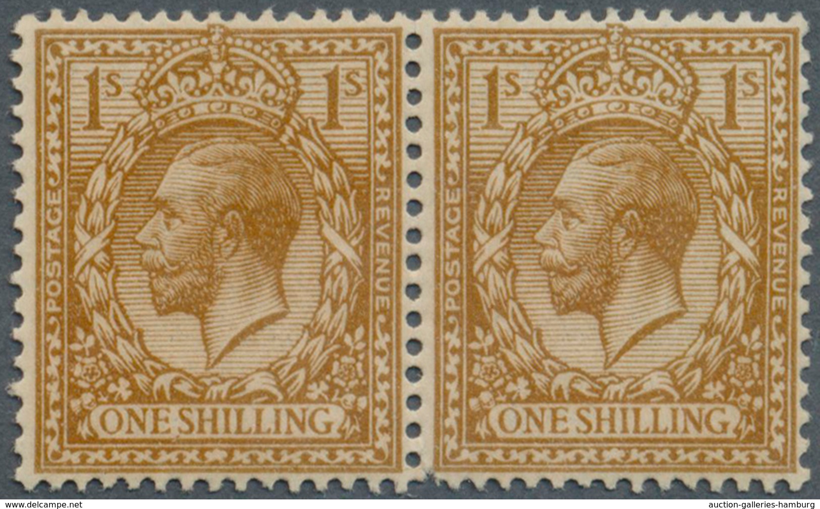 Großbritannien: 1913, 1s. Bistre-brown, VARNISH INK, Horiz. Pair, Left Stamp Hinged, Right Stamp Unm - Briefe U. Dokumente