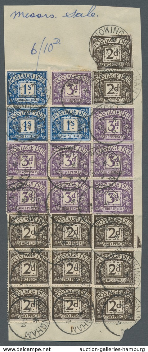 Großbritannien - Portomarken: 1926-1935, Strong Lot Of Cutouts And Large Blocks Of British Postage D - Strafportzegels