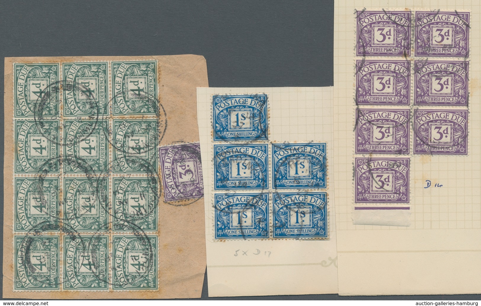 Großbritannien - Portomarken: 1926-1935, Strong Lot Of Cutouts And Large Blocks Of British Postage D - Strafportzegels
