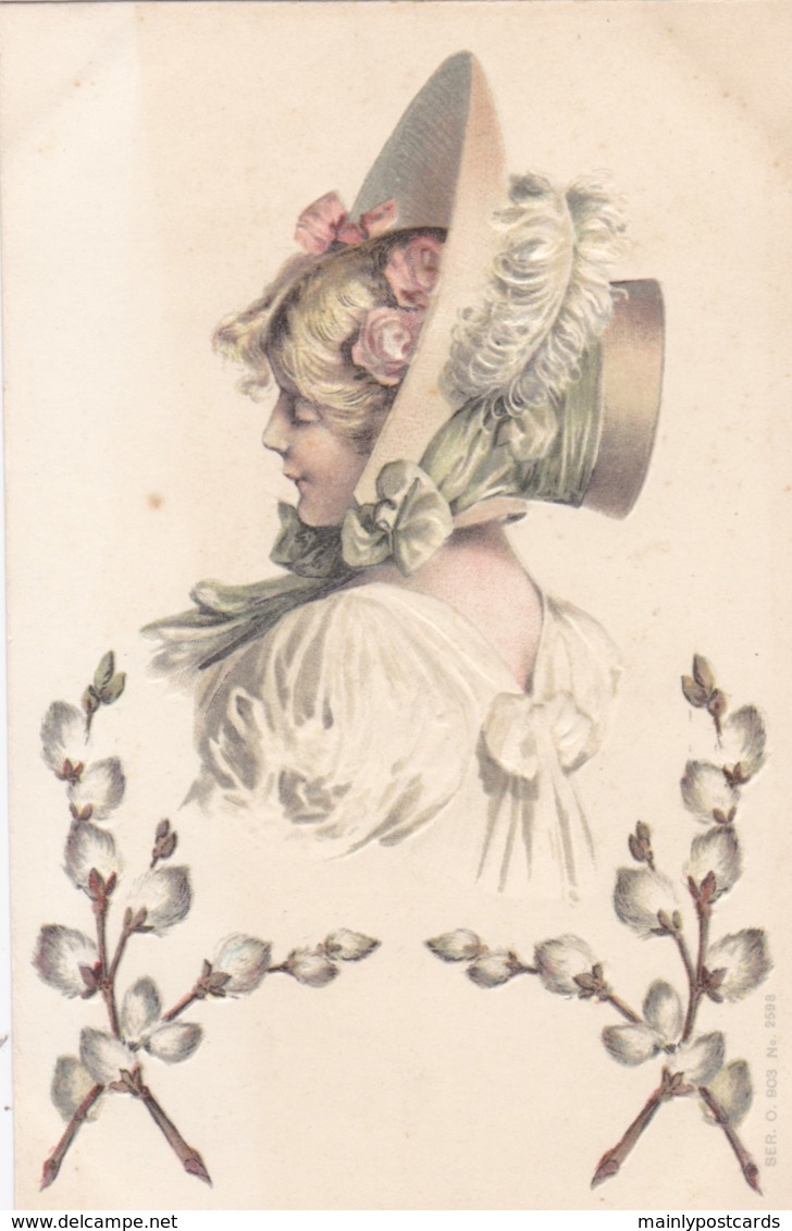 AO19 Embossed Postcard - Pretty Woman Wearing A Bonnet - Women