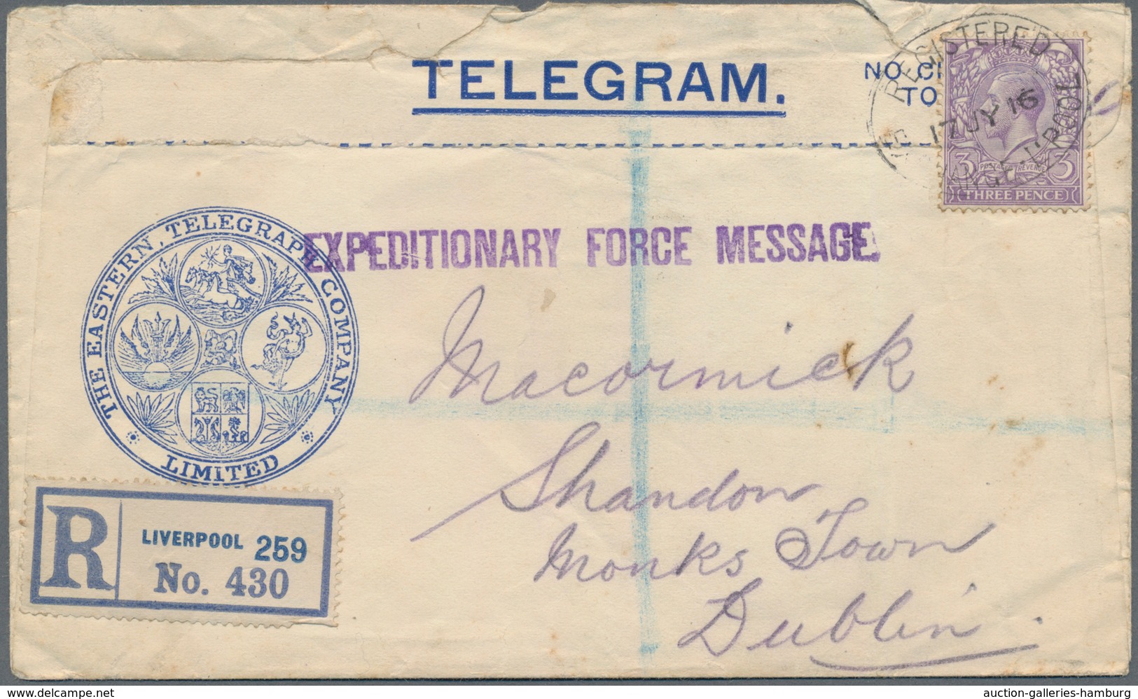 Großbritannien - Besonderheiten: 1916/1930, 3 telegram envelopes including 1916 "Expeditionary Force