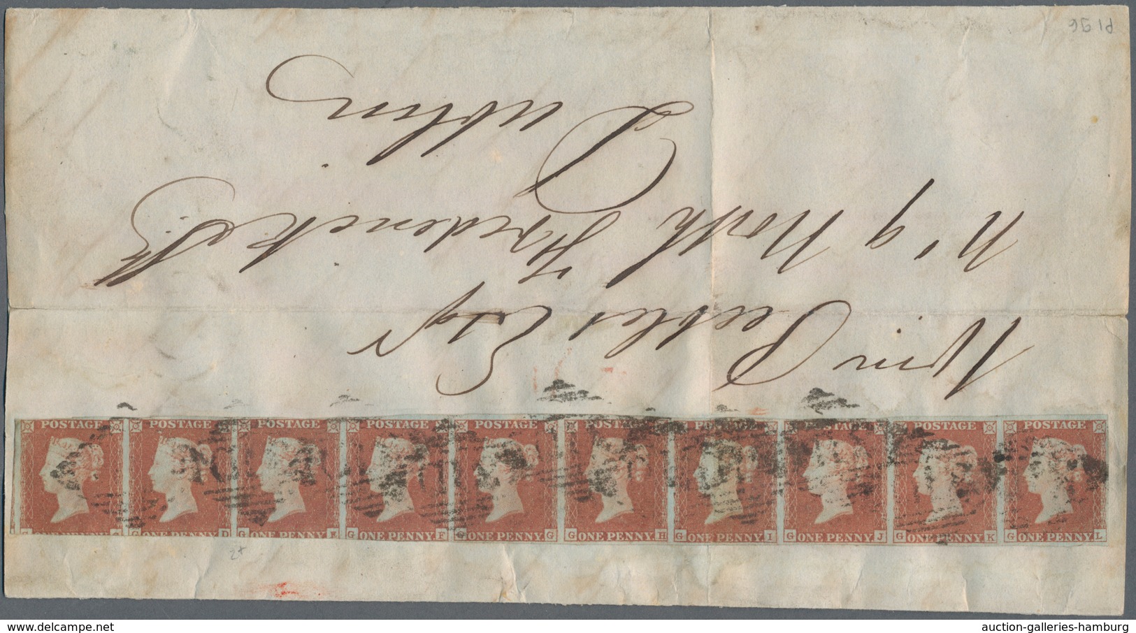 Irland: 1841 Ff., Great Britain 1d. Lake-red On Blued Paper, Horizontal Strip Of 10, Pos. G-C To G-L - Cartas & Documentos