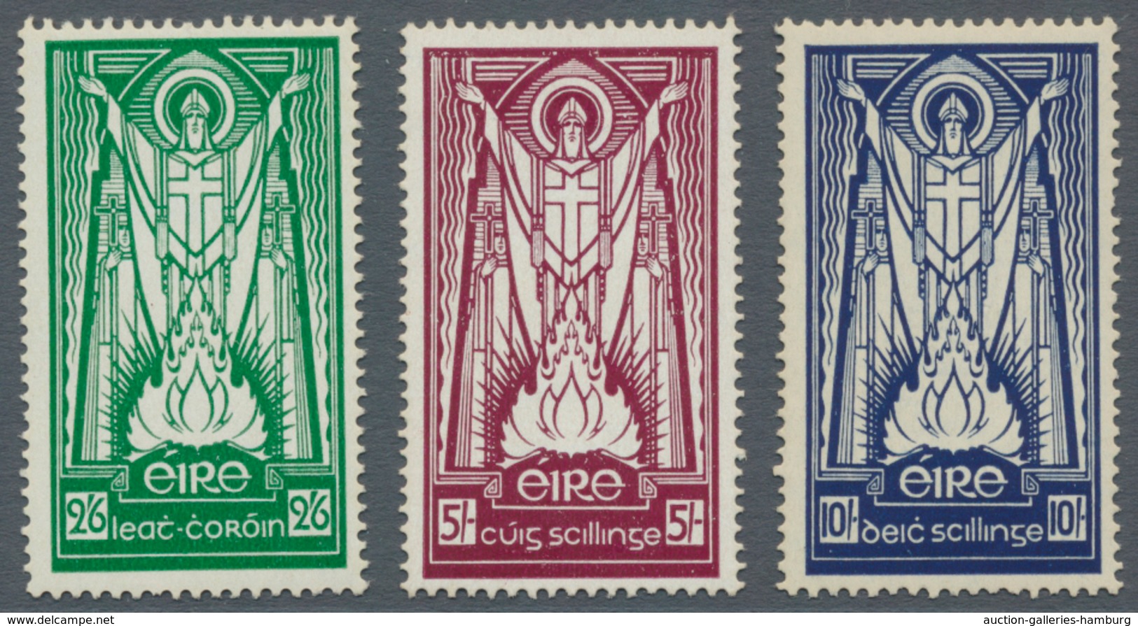 Irland: 1937, St. Patrick Definitives Complete Set Of Three, Mint Hinged And Pencil Cat. Numbers On - Cartas & Documentos