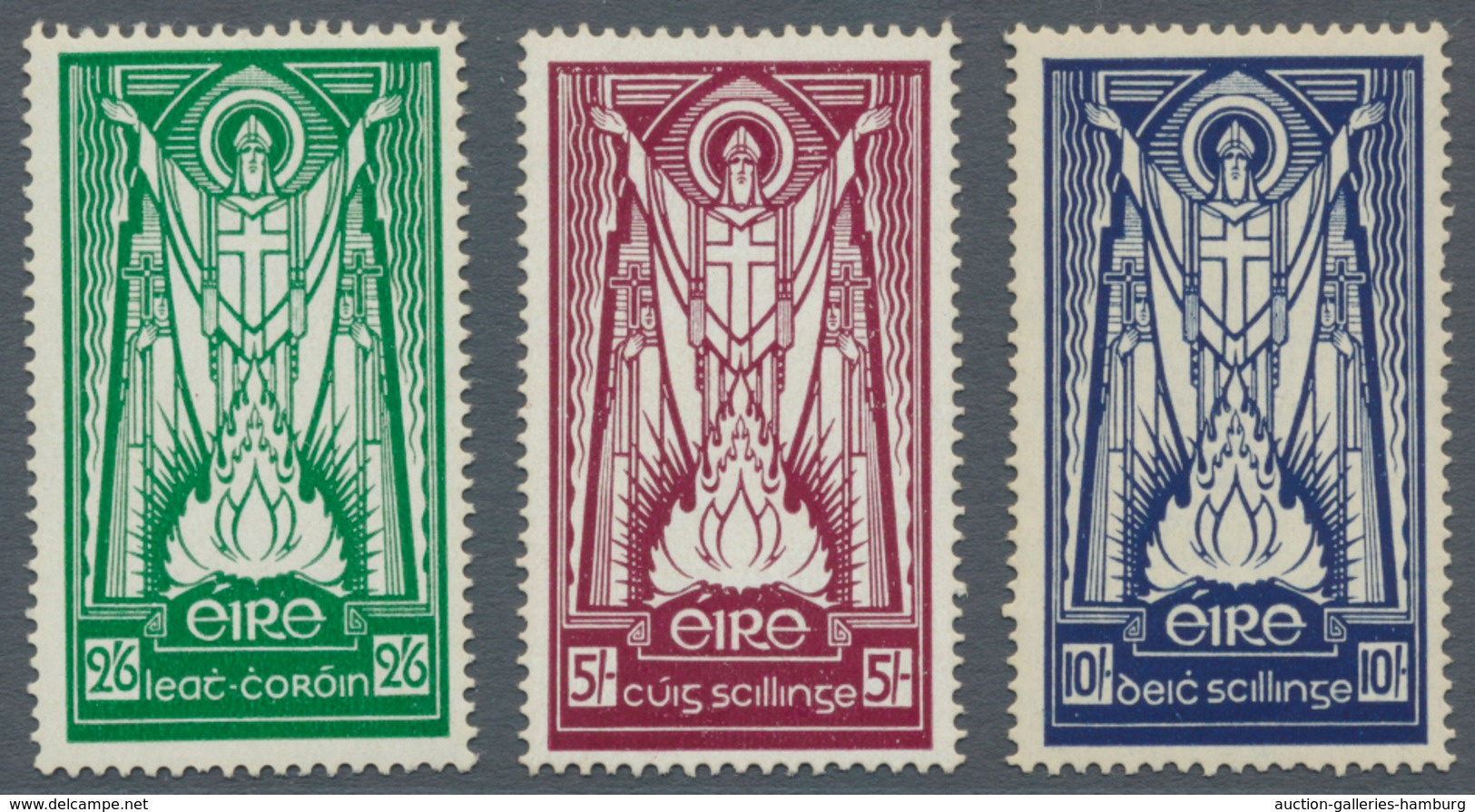 Irland: 1937, St. Patrick Definitives Complete Set Of Three, Mint Hinged And Pencil Cat. Numbers On - Brieven En Documenten
