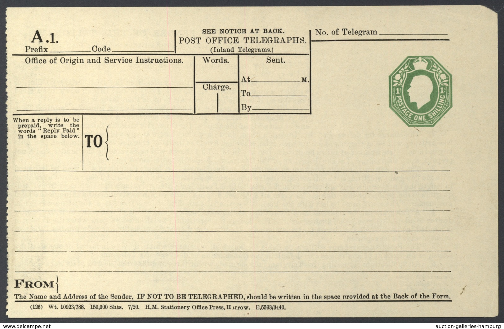 Irland - Ganzsachen: 1922, Postal Stationery Telegramm 1 Sh. Green (A 1), Unused, Central Vertical F - Postal Stationery