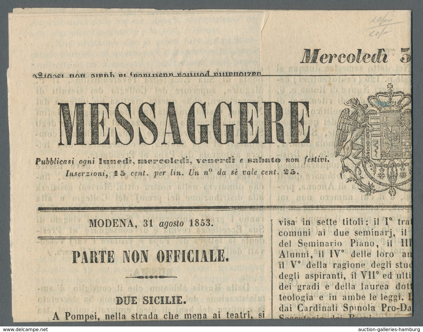 Italien - Altitalienische Staaten: Modena: 1852, 5 Centesimi Verde, 5 C. Green On Newspaper "Message - Modena