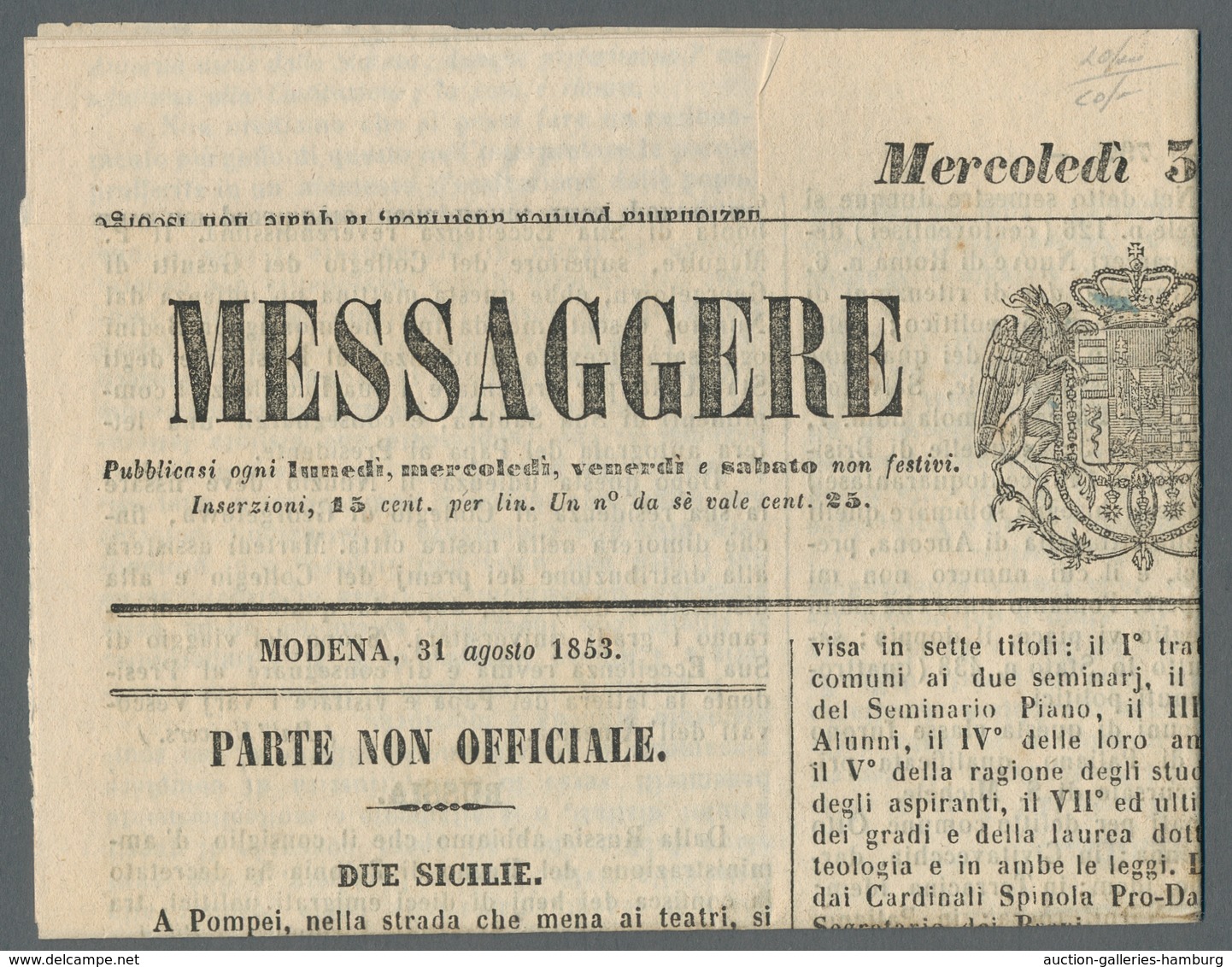 Italien - Altitalienische Staaten: Modena: 1852, 5 Centesimi Verde, 5 C. Green On Newspaper "Message - Modène