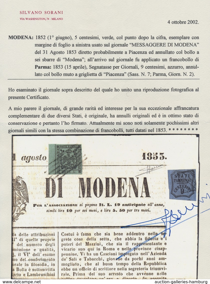 Italien - Altitalienische Staaten: Modena: 1852, 5 Centesimi Verde, 5 C. Green On Newspaper "Message - Modène