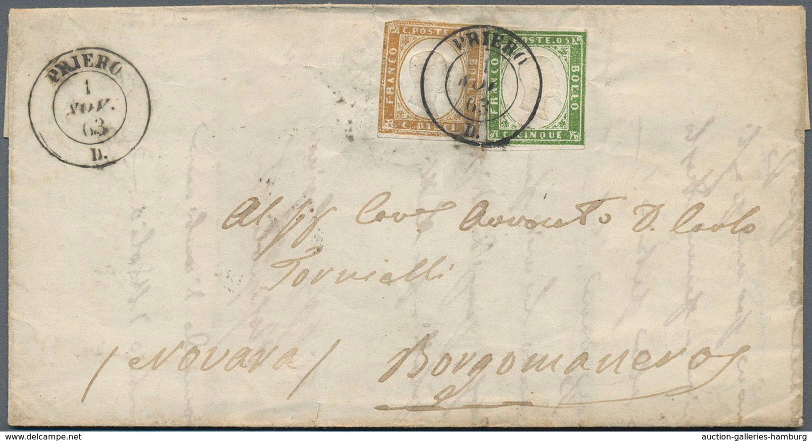 Italien - Altitalienische Staaten: Sardinien: 1863, 5 C Green And 10 C Bistre, Each Slightly Touched - Sardinien