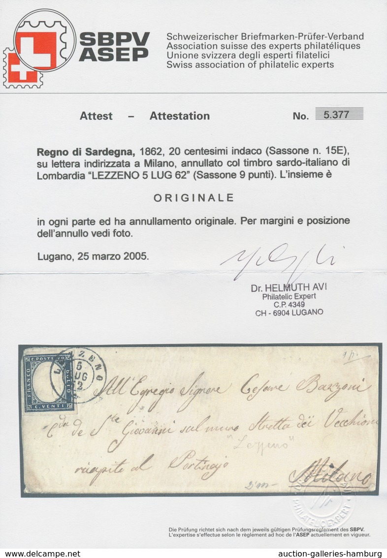 Italien - Altitalienische Staaten: Sardinien: 1862, 20 C Indigo, Full Margins Except Upper Left Corn - Sardaigne