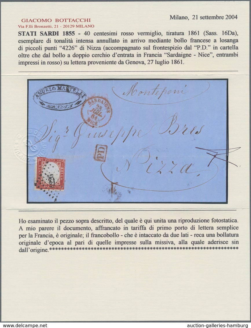 Italien - Altitalienische Staaten: Sardinien: 1861, 40 C Red Vermilion, Three Even To Full Margins, - Sardinia