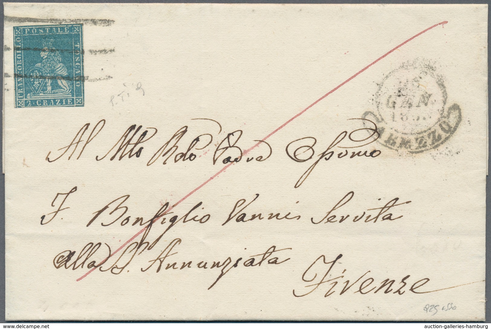 Italien - Altitalienische Staaten: Toscana: 1851, 2 Cr Bright Blue On Grey, Even To Touched Margins, - Tuscany