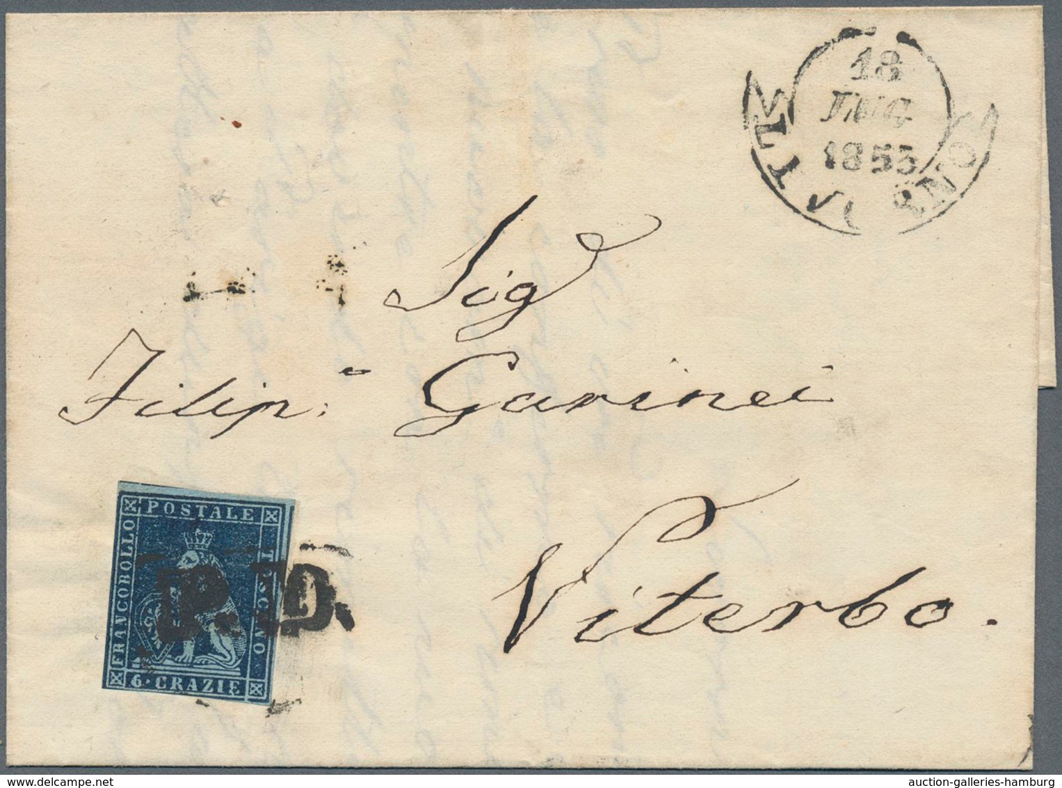 Italien - Altitalienische Staaten: Toscana: 1851, 6 Cr Indigo On Blue, Slightly Touched To Full Marg - Toskana