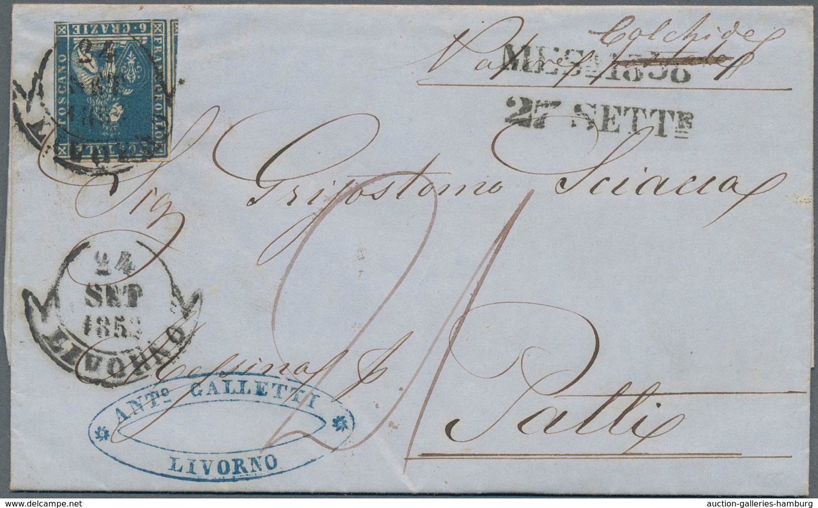Italien - Altitalienische Staaten: Toscana: 1857, 6 Cr Blue, Two Full Margins, Bottom And Right Side - Tuscany